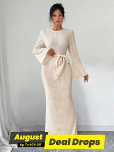 Women's Solid Color Belted Flounce Sleeve Bodycon Dress, Tight Fit Elegant Minimalist Chic Fabric Long Sleeve Round Neck Maxi Gown for Party Holiday Wedding Guest, Formal Ladies Spring & Fall Gown Clothes, Dresses for Women, Jacquard Womenswear