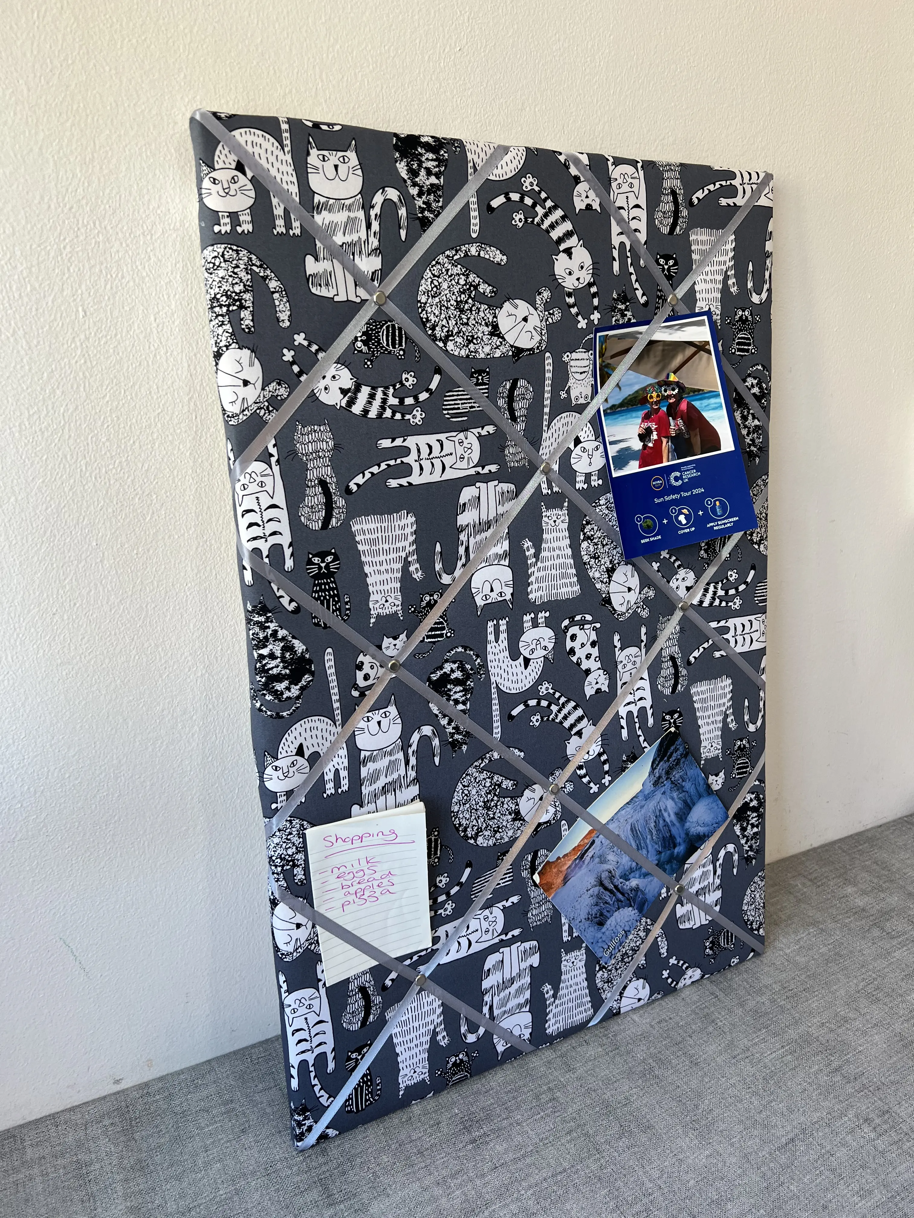 Dark Grey Cartoon Cats & Kittens Fabric Notice Board – French Memo Style with Ribbon Criss-Cross – Padded Cork Bulletin Board for Photos, Notes & To-Do Lists – Custom Sizes – Handmade to Order