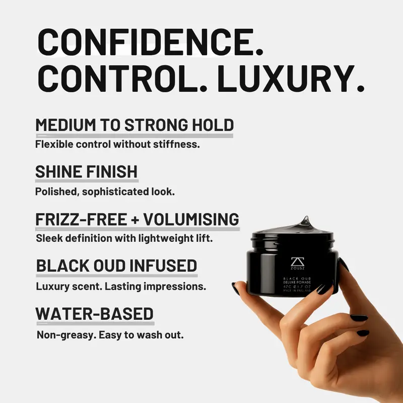 ZOUSZ Black Oud Deluxe Pomade for Men - Medium to Strong Hold with Aloe Vera and Organic Moisturizers - Vegan and Cruelty-Free - Luxury Hair Care 1