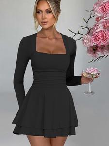 Women's Plain Square Neck Layered Hem Dress, Fashion Casual Long Sleeve Dress for Daily Outdoor Wear, Ladies Clothes for Spring Fall