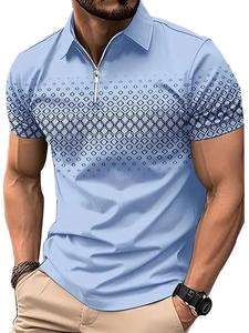 Men's Regular Fit Geometric Print Zipper Polo Shirt, Casual Short Sleeve Collared Top for Summer, Fashion Men's Clothes for Daily Wear