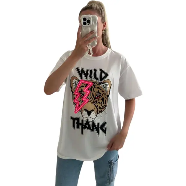 Women's Wild Tiger Thang Oversized T-Shirt- Cotton Baggy Streetwear Tee for Ladies (Black/White/Pink/Green) Casual Summer Crewneck Top Comfort Fabric 0