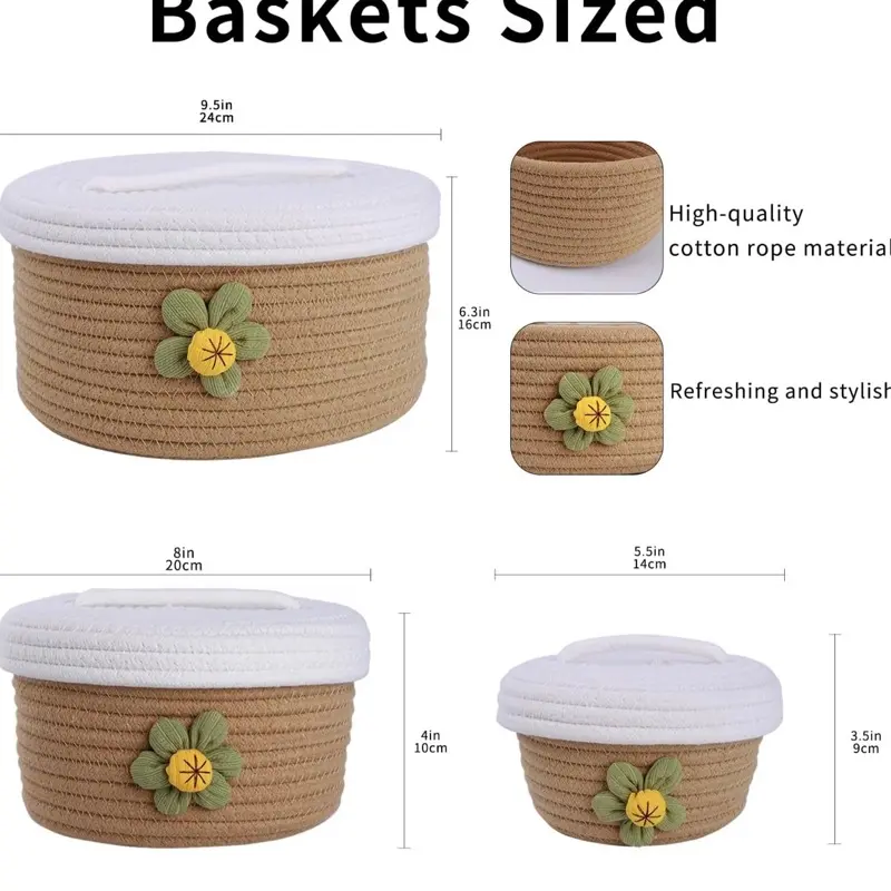 A Set of Three Large Covered Storage Baskets, Handmade Woven Fresh Style Desktop Decoration, Organizing Household Miscellaneous Items 1