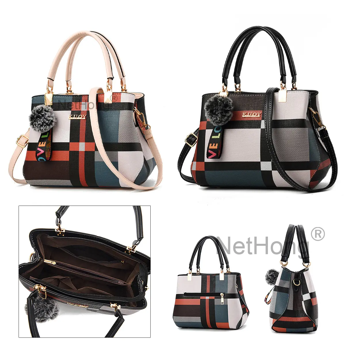 Women's Handbags PU Leather Women's Handbags Designer Women's Handbags Plaid Women's Handbags with Pom Pom Charms handbags  women
