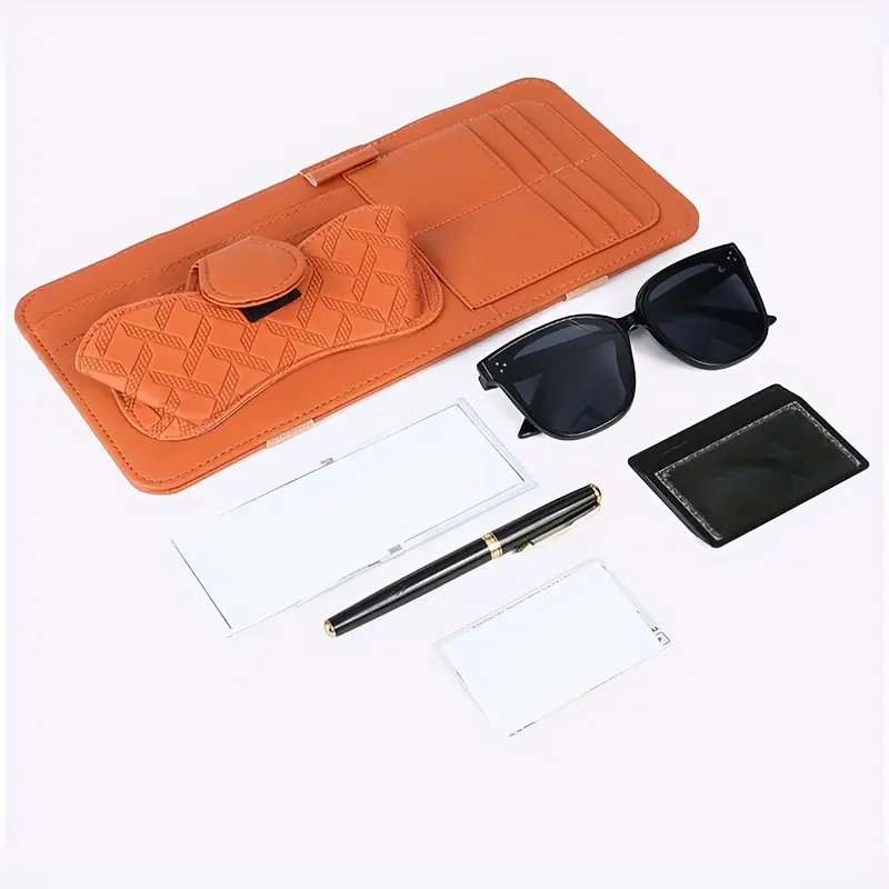 1pc PU Leather Universal Fit Car Sun Visor Multi-Pocket Caddy with Glasses Clip, Pen Holder, and Credit Card Slots 4