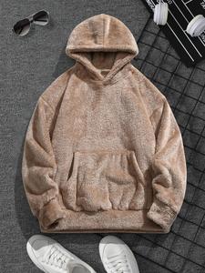 Men's Solid Pocket Thermal Lined Hoodie, Loose Casual Long Sleeve Hooded Pullover for Fall & Winter, Men's Clothes for Daily Wear