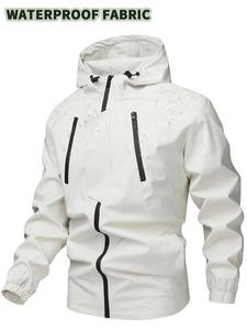 Men's Regular Fit Solid Pocket Drawstring Hooded Jacket, Casual Waterproof Long Sleeve Zip Up Jacket for Outdoor Activities, Fashion Men's Outerwear for All Seasons