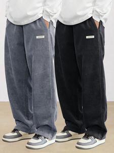 Men's Letter Patched Corduroy Pants, Casual Comfy Loose Straight Leg Trousers for Fall & Winter, Men's Bottoms for Daily Wear