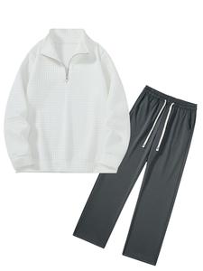 Men's Solid Zip Up Half Placket Sweatshirt & Drawstring Waist Pants Two-piece Set, Casual Regular Fit Long Sleeve Pullover & Trousers for Spring & Fall, Men's Outfits for Daily Wear