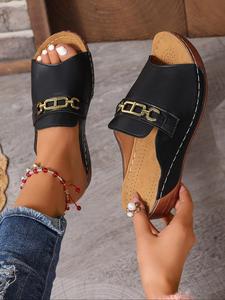 Women's Fashionable Solid Color Wedge Peep Toe Sandals, Boho Stylish Elegant Sandals, Fashion Black Shoes for Party, Daily Clothing Decor for Women & Girls, Footwear
