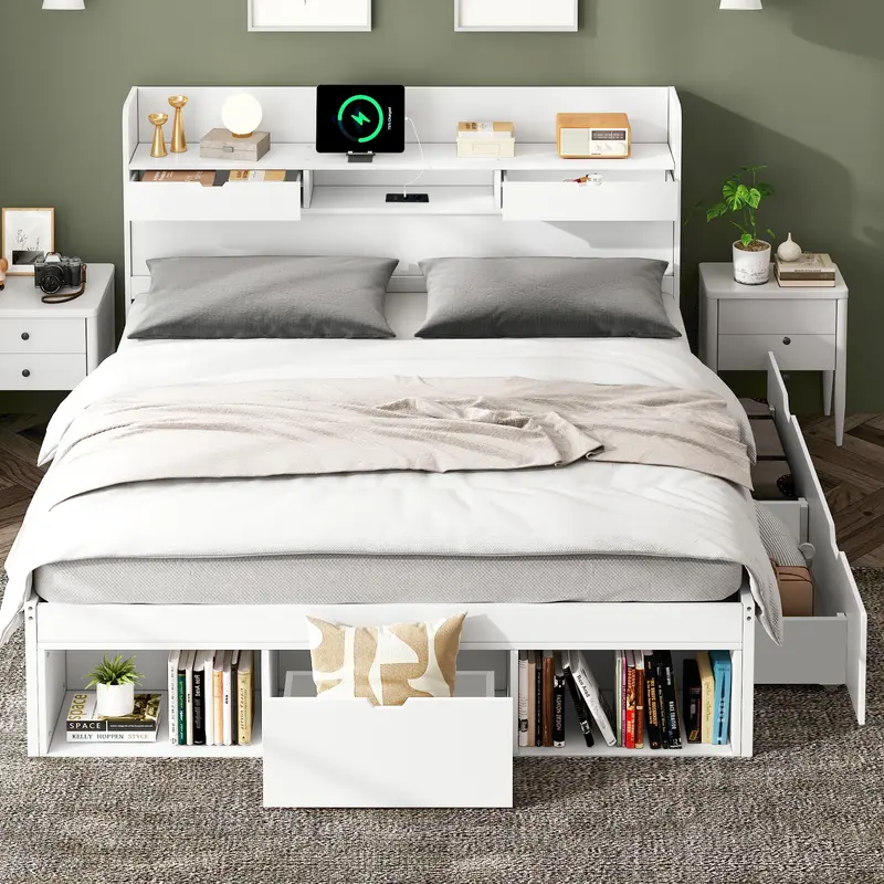 Double bed, Double Bed-4ft6(135*190cm), With USB port & drawers & storage cabinet, Children's bed, Youth bed, Multifunctional bed, Large storage space, without mattress, white 1