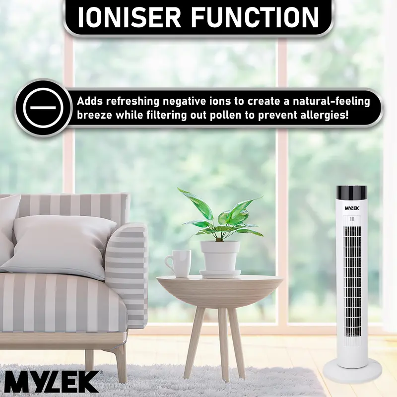 MYLEK Tower Fan 34 Inch Oscillating Slim Floor Standing Cool Air Circulator, Remote Control, Timer, Ioniser, Quiet, 3 Cooling Settings, Temp Display, Bedroom, Home Or Office (White Or Black Version) 7