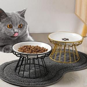 Raised Bowl for Cats, 1 Set Fishbone & Cat Paw Pattern Pet Ceramic Bowl with Iron Stand, Pet Feeding Supplies, Dog & Cat Accessories, Pet Accessories