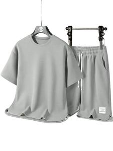 Two-piece Set Men's Solid Color Crew Neck Short Sleeve Tee & Drawstring Waist Shorts, Regular Fit Casual Round Neck T-shirt & Pocket Shorts, Plain Men's Summer Clothes, Outfit Sets