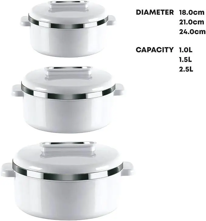Curve 3-Piece Insulated Hot Pot Set – Thermal Casserole Food Warmers with Stainless Steel Inner – Keeps Food Hot or Cold Up to 6 Hours – Ideal for Rice, Soup, Curry, Salads – White Serving Dish Set for Entertaining Cookware 2