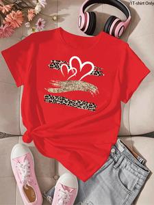 Women's Heart & Leopard Print Round Neck Tee, Casual Short Sleeve Crew Neck T-shirt for Daily Wear, Ladies Sportswear for All Seasons, Top