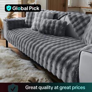 Solid Color Faux Rabbit Plush Sofa Cover, 1 Count Non-slip Sofa Cushion, Anti-fouling & Anti-dog Tearing & Biting Sofa Cover for Home Living Room Bedroom Decor, Valentine's Day Gift, Washable Sofa Slipcover