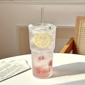 Large Capacity Glass Cup with Lid & Straw, 1 Count Vintage Transparent Water Tea Milk Juice Cup, Summer Cool Bottle Drinking Cup for Home Office