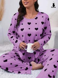 Plus Size Heart Print Drop Shoulder Pyjama Set, Casual Comfy Long Sleeve Round Neck Top & Trousers PJ Set, Summer Outfits 2024, Women's Sleepwear for Spring & Fall