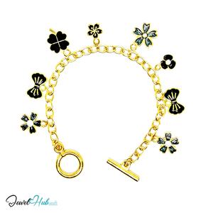 Bloom & Grace Charm Bracelet · Gold-Tone Plated · Glossy Black Floral Motifs · 19cm