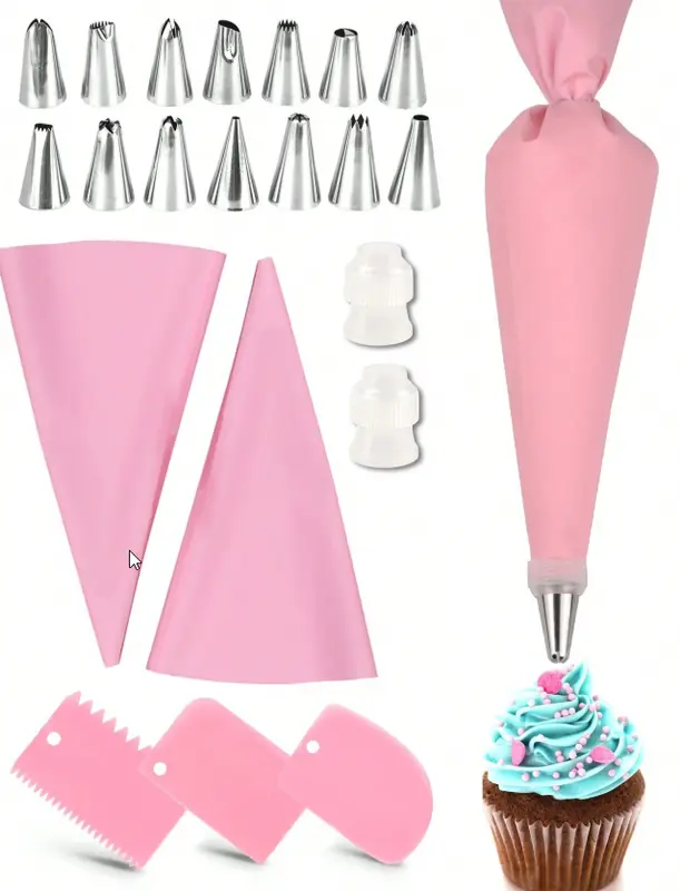 SHEIN Basic 21-Piece Pink Baking Piping Bags & Tips Set for Cake Decorating - Bakeware Included 2