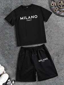 Men's Letter Print Short Sleeve Tee & Drawstring Waist Shorts Set, Casual Round Neck T-shirt & Track Shorts, Summer Clothes Set for Men, Clothing