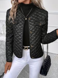 Women's Solid Color Quilted Button Front V Neck Jacket, Casual Long Sleeve Outerwear for Fall & Winter, Ladies Clothes for Daily Wear, Tops