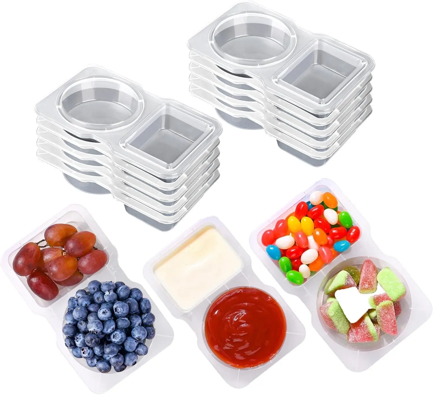 10 Sets Reusable Snack Pack Containers, Double Condiment Containers with Lids, Double Compartment Condiment Containers Portable Sauce Containers (10Pcs)