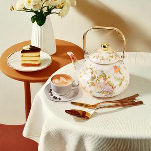Floral Pattern Teapot, Retro Ceramic Pot for Home Use, Summer Thickened Flat Bottom Kettle for Induction Cooker & Gas Stove