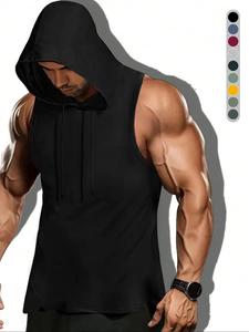 Men's Solid Drawstring Hooded Tank Top, Casual Regular Fit Sleeveless Top for Summer, Fashion Men's Clothes for Daily Wear, National Day Clothing
