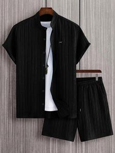 Two-piece Set Men's Solid Textured Short Sleeve Top & Shorts Set Excluding Necklace, Regular Fit Casual Fashion Cozy Breathable Two-piece for Summer, Men's Clothes for Daily Wear, Casual Outfit Set, Shortsleeve Black Matching Clothing Set