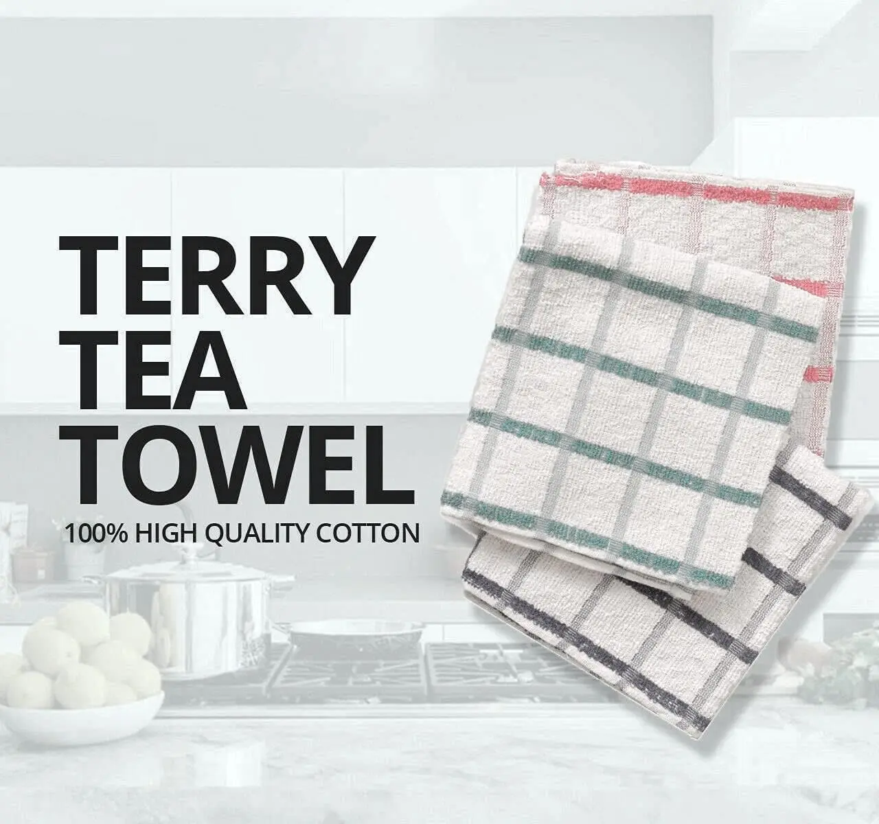 Kitchen Terry Tea Towel (40 x 65 cm) - 100% Soft Assorted Colors Super Absorbent Soft Touch Dish Towel Tea Towels Bar Towel Check Designed Pack of 3 6 9 12