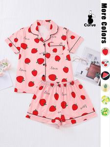 【Plus Size】 Two-Piece Set Fruits Print Lapel Neck Button Front Pocket Shirt & Shorts Pyjama, Casual Comfy Short Sleeve Top & Elastic Waist Shorts PJ Set, Pajama Set, Women's Sleepwear for Summer