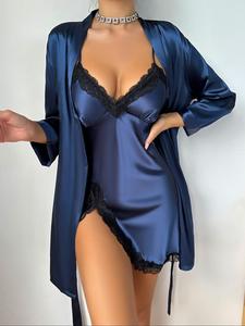 Two-piece Set Women's Solid Belted Satin Robe & Contrast Lace Split Thigh Cami Nightdress Pyjama Set, Elegant Comfy Drop Shoulder Long Sleeve Robe & Cami Nightdress Pj Set, Women's Sleepwear for Spring & Fall