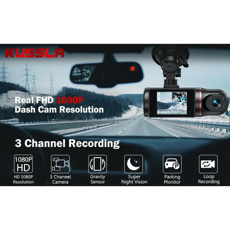 2025-New  Dash Cam Front and Rear Inside 3 Channel Dashcam for Cars 1080P with 64GB Card Adjustable Lens 3 Ways Triple Camera with Night Vision, G-sensor, Loop Recording, Parking Monitor 6
