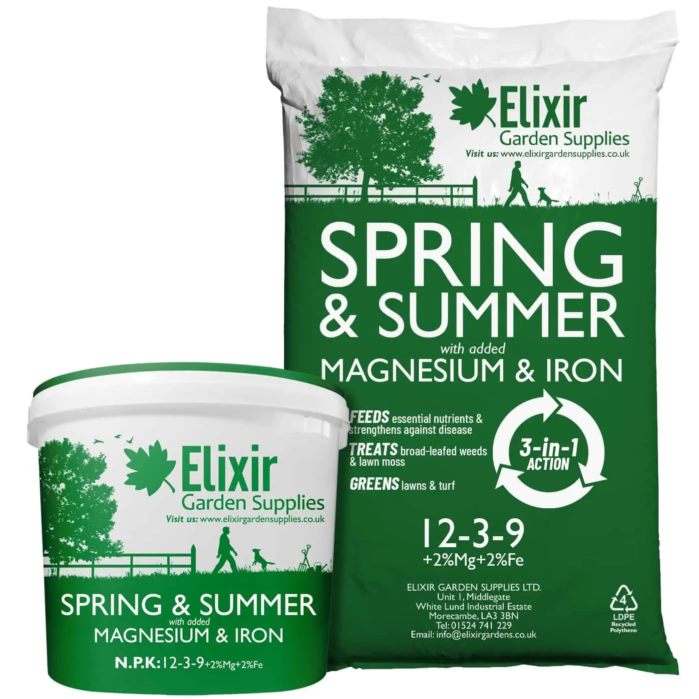Elixir Gardens UK Spring & Summer Lawn Food/Feed & Granular Compound Turf Fertiliser with added Iron + Magnesium | 1kg-25kg Weights | NPK:12-3-9 + 2% Fe & 2% MgO | 5kg Tub Treats 200m²