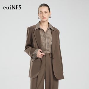【euiNFS】Women’s Oversized Blazer Jacket | Classic Brown Single-Breasted Suit Coat | Relaxed Tailored Fit | Chic Office & Casual Outerwear【E433043】