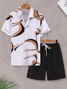 Two-Piece Set Men's Various Pattern Print Short Sleeve Pajama, Regular Fit Casual Comfy Button Front Collared Top & Drawstring Waist Pocket Design Shorts PJ Set, Men's Summer Sleepwear