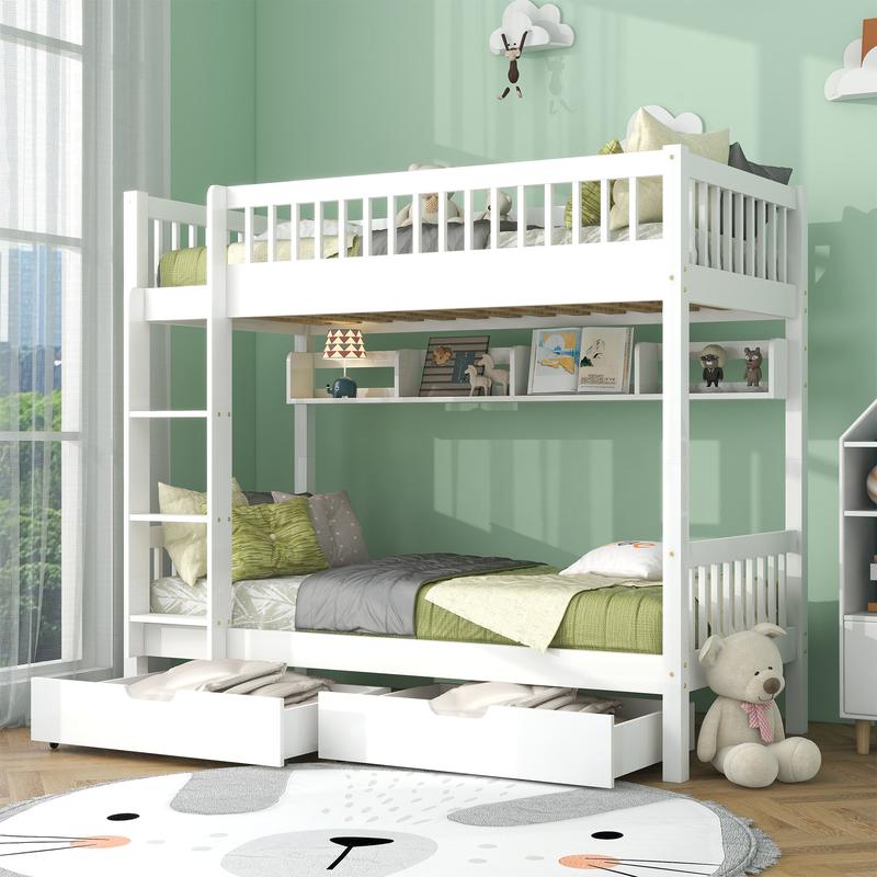 3FT Solid Pine Wood Bunk Bed with Under Bed Slide Drawer Storage and Shelf, White (90x190cm) - Kids Children 0