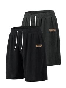 Men's Solid Color Letter Patched Drawstring Waist Corduroy Shorts, Loose Casual Comfy Wide Leg Shorts for Daily Wear, Men's All-Match Bottoms for All Seasons