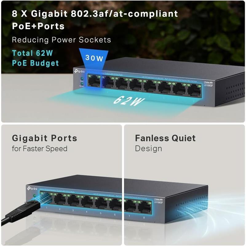 LS108GP 8 Port Full Gigabit PoE Switch, Network Switch, Power Saving, Plug & Play, Metal Case, Ethernet Switch, 802.3af/at 30W, 62W Total Budget, Ethernet Splitter, Silent Operation 4