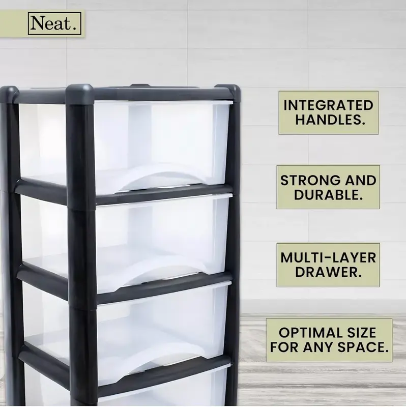 LARGE 4 PLASTIC DRAWERS -TOWER UNIT TROLLEY CHEST DRAWER SCHOOL OFFICE HOME 4