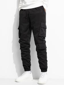 Men's Regular Fit Solid Flap Pocket Drawstring Waist Cargo Pants, Fashion Casual Trousers For Men, Woven Bottoms For Spring & Fall