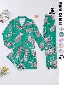 【Plus Size】 Leopard Print Button Front Pocket Shirt & Elastic Waist Shorts & Pants Pyjama Set, Casual Comfy Elegant Lapel Neck Long Sleeve Blouse Top & Shorts & Trousers PJ Set, Women's Sleepwear for Spring & Fall, Sleepwear for Women