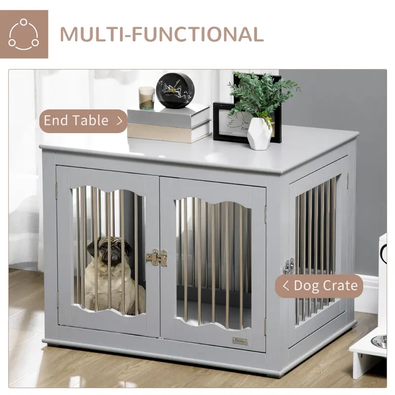 PawHut Dog Crate End Table with Three Doors, Furniture Style Dog Crate for Medium Dogs with Locks & Latches, Grey 4
