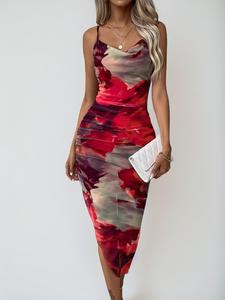 Women's All Over Print Asymmetrical Criss Cross Backless Cami Bodycon Dress, Fashionable Split Thigh Drawstring Long Dress for Party Club Dating Wear, Sundress for Women, Dresses for Women