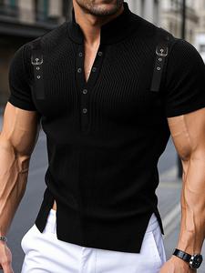 Men's Solid Textured Leather Buckle Hem Slit T-shirt,Casual Streetwear Short Sleeve Half Button Tee for Summer, Fashion Men's Top for Daily Wear