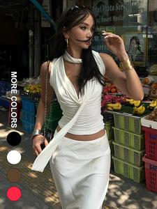 Women's Solid Color Scarf Halter Neck Top , Casual Sleeveless Top for Summer, Women's Clothing for Daily Wear