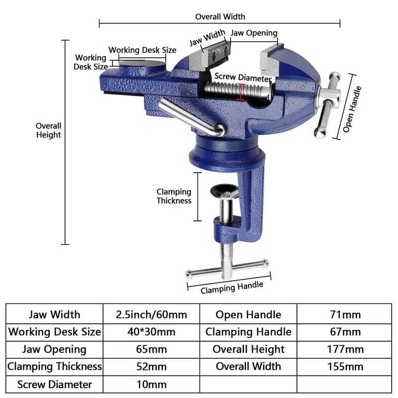 CROWNSHOP Bench Vice 360° Swivel Base Vices forWorkbench Portable Universal Workshop Clamp Adjustable Mini Table Bench Vice Clamp for Workshop Factory 2