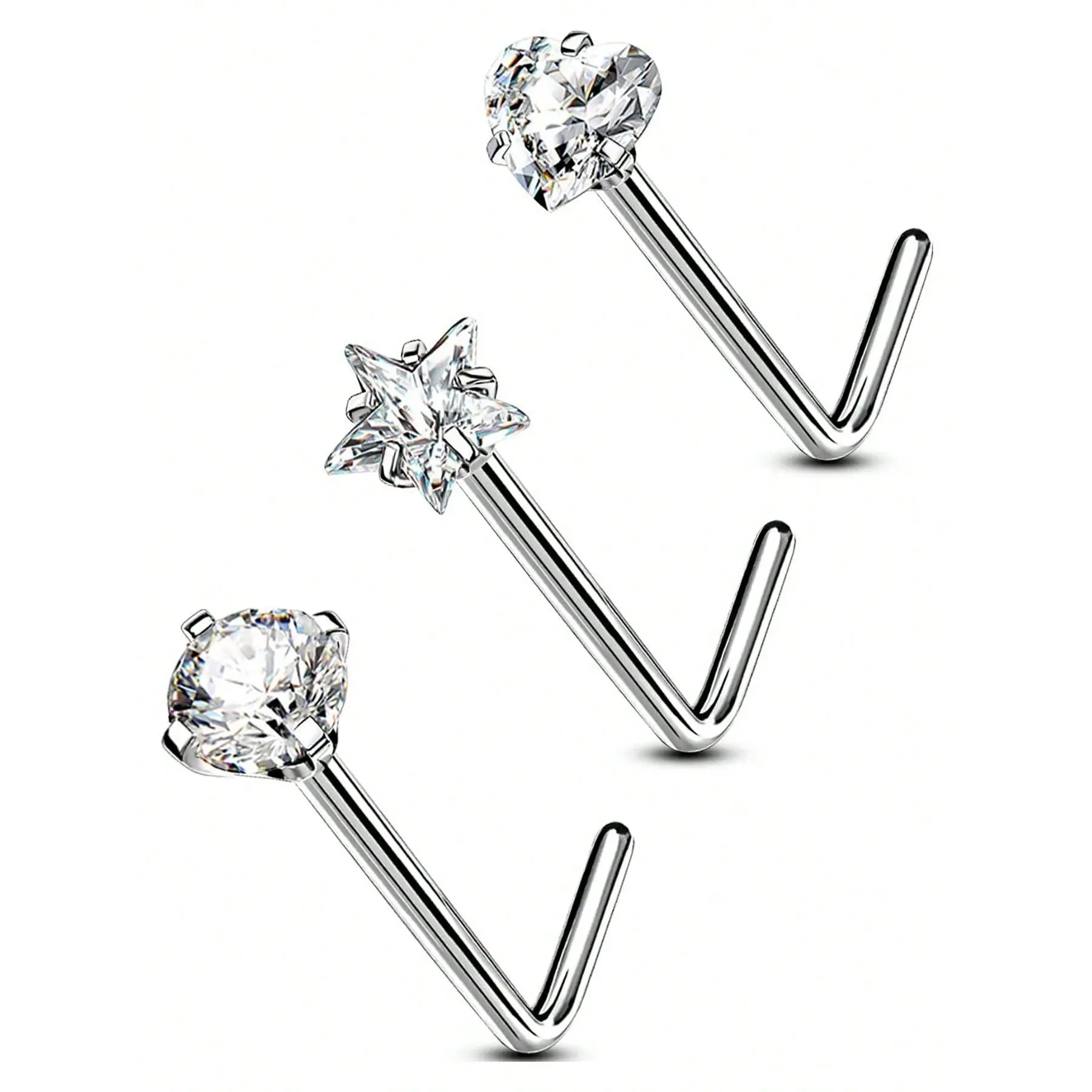 3PCS Nose Rings Studs, G23 Solid Titanium 20G Nose Rings L-Shaped, Round/Star/Heart Shaped Sparkling CZ Nostril Piercing Jewelry For Women And Men